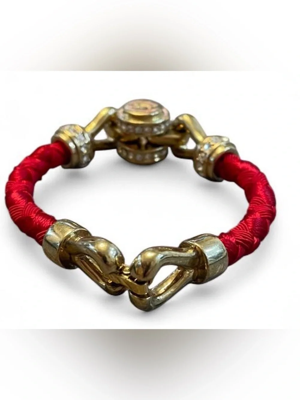 Vintage Anne Klein Signed AK Clamper Bracelet Red Cord Gold Tone Rhinestone